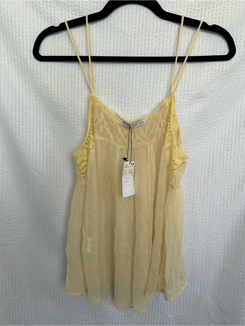 NWT Mango Pale Yellow Hand Embroidered Lace-Trim Camisole Top Size US XS